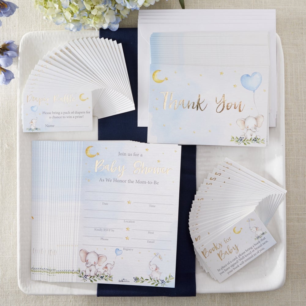 Elephant Baby Shower Invitation & Thank You Card Bundle - Blue (Set of 25) Main Image, Kate Aspen | Invitation/Thank You Cards