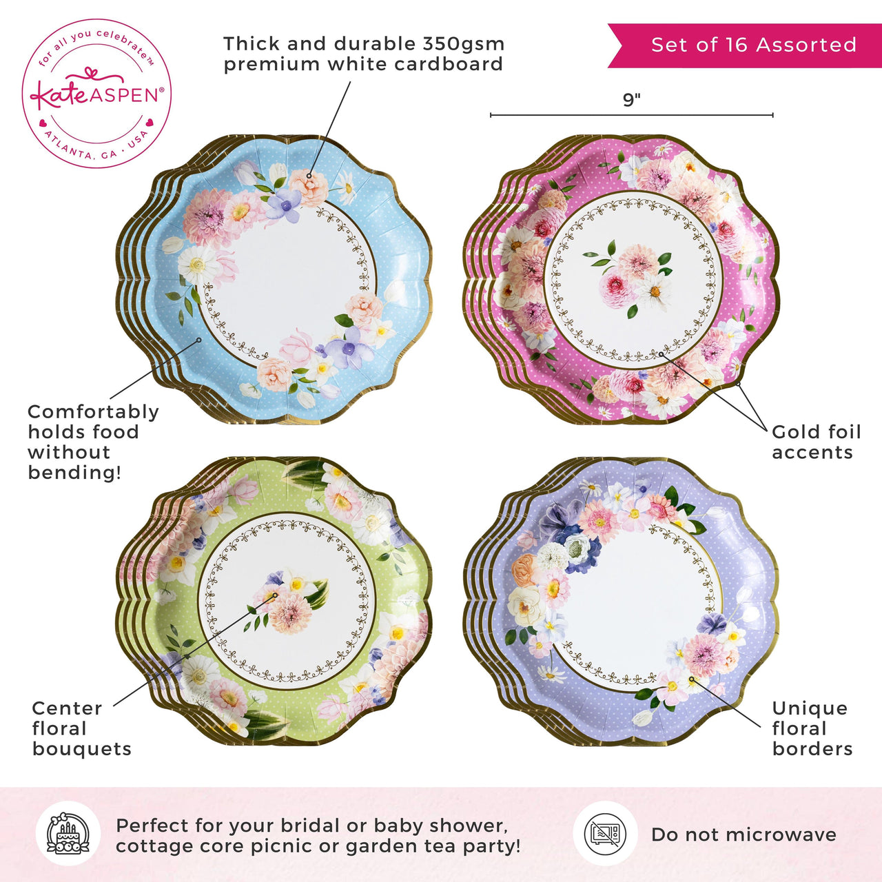 Tea Time Party 9" Premium Paper Plates - Assorted (Set of 16) Alternate Image 6, Kate Aspen | Paper Plate