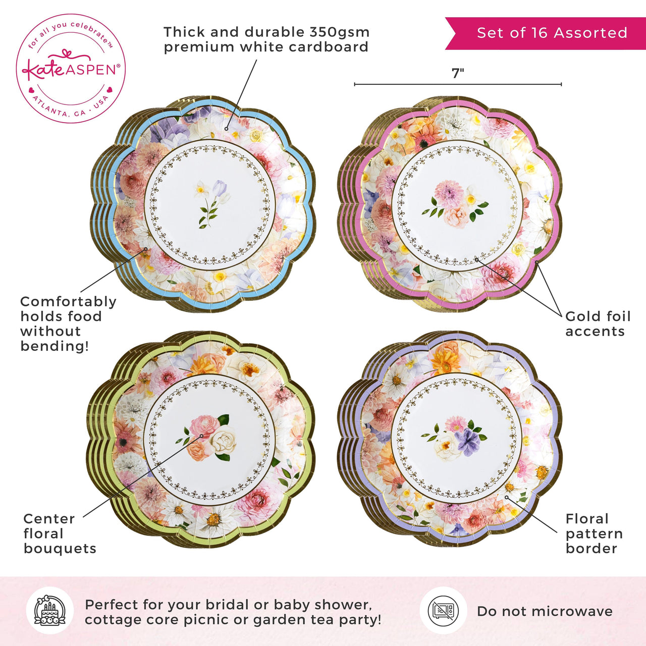Tea Time Party 7" Premium Paper Plates - Assorted (Set of 16) Alternate Image 6, Kate Aspen | Paper Plate