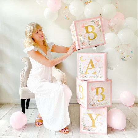 Elephant Baby Shower Block Box - Pink (Set of 4) Main Image, Kate Aspen | Decor Block Box