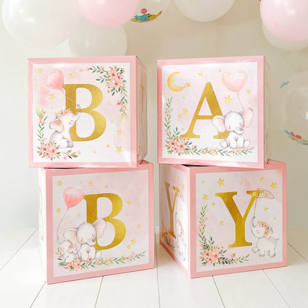 Elephant Baby Shower Block Box - Pink (Set of 4) Alternate Image 2, Kate Aspen | Decor Block Box