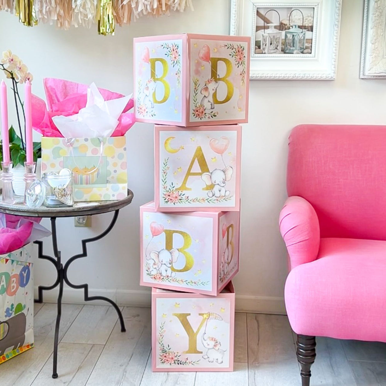 Elephant Baby Shower Block Box - Pink (Set of 4) Alternate Image 3, Kate Aspen | Decor Block Box