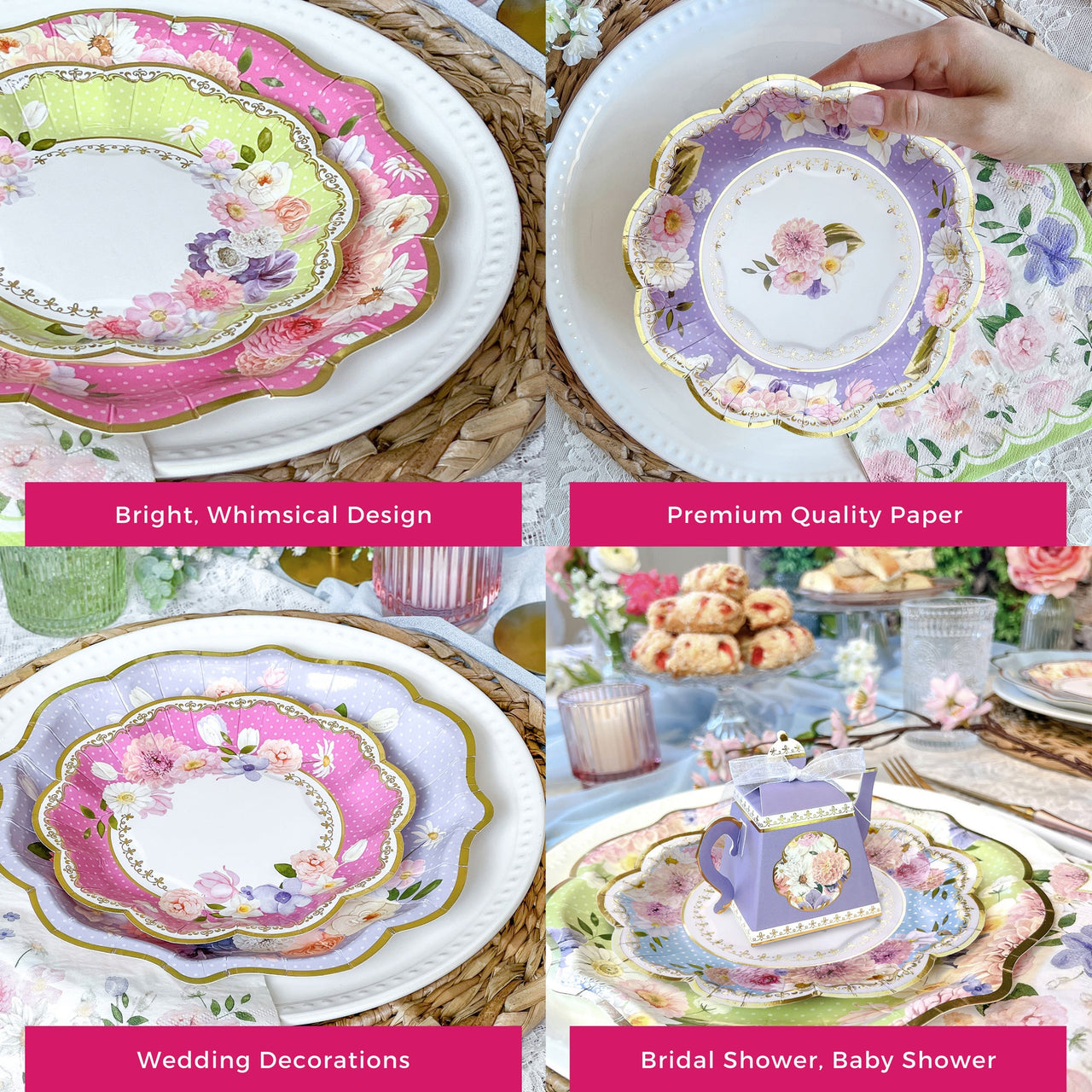 Tea Time Whimsy 9 in. Premium Paper Plates - Pink (Set of 16)