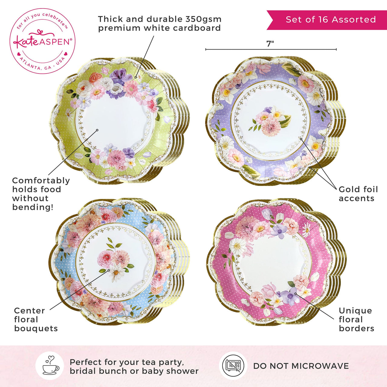 New Tea Time Party 7" Premium Paper Plates - Assorted (Set of 16)Alternate Image 6, Kate Aspen | Paper Plate