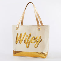 Thumbnail for Sequin Wifey Canvas Tote Main Image, Kate Aspen | Totes/Cosmetic Bags