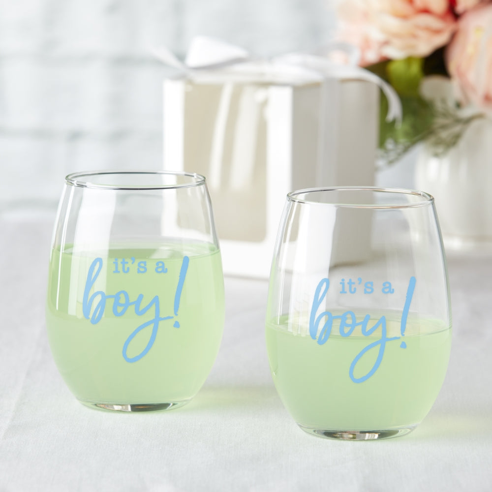 9 oz. Stemless Wine Glass - It's a Boy! (Set of 12) Main Image, Kate Aspen | Glassware