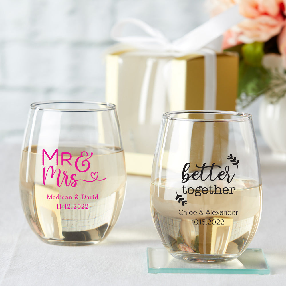 Personalized 9 oz. Stemless Wine Glass - Wedding Main Image, Kate Aspen | Wine Glass