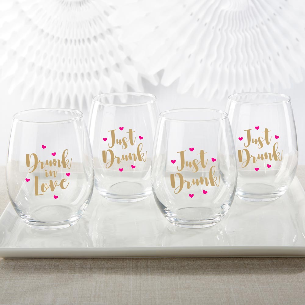 Drunk In Love & Just Drunk 15 oz. Stemless Wine Glass (Set of 4)