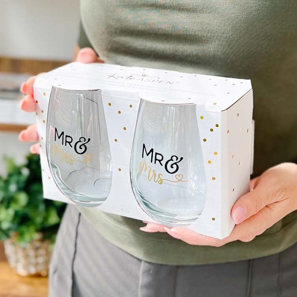15 oz. Stemless Wine Glass - Mr. & Mrs. Heart (Set of 2)
