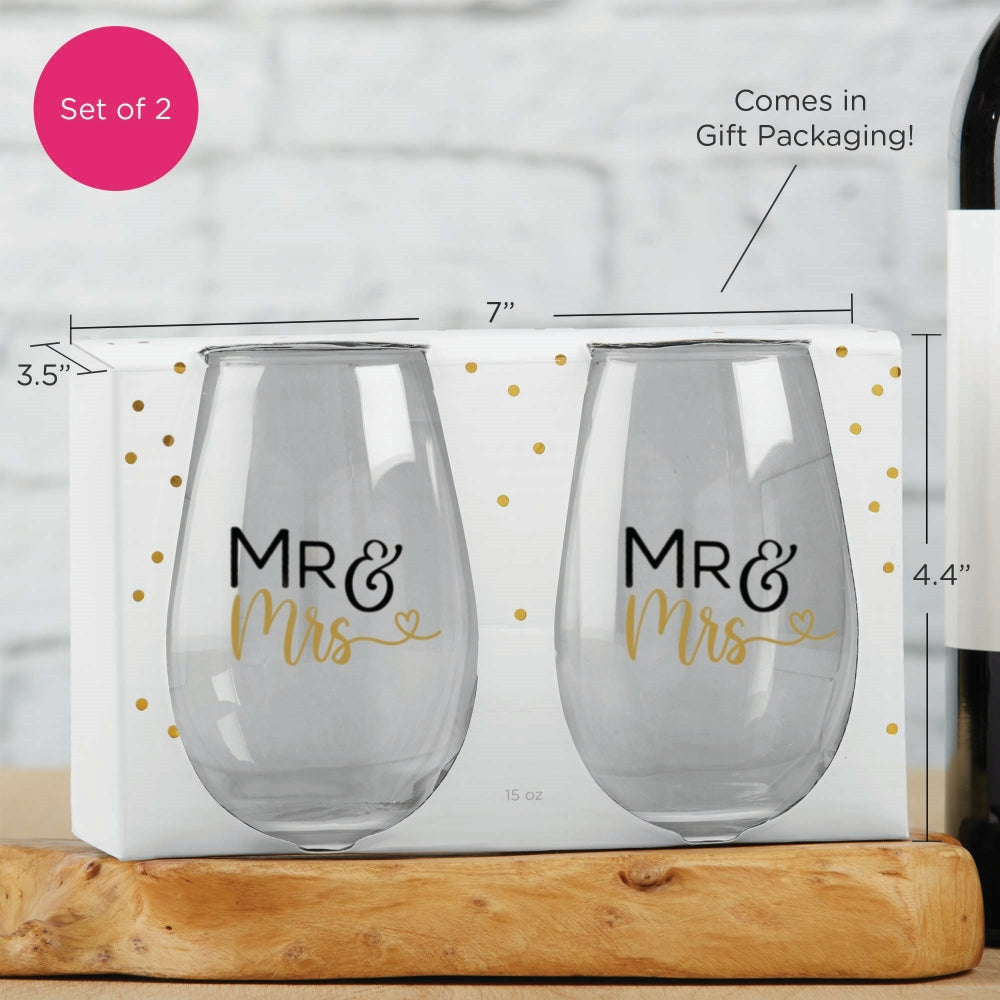 15 oz. Stemless Wine Glass - Mr. & Mrs. Heart (Set of 2)