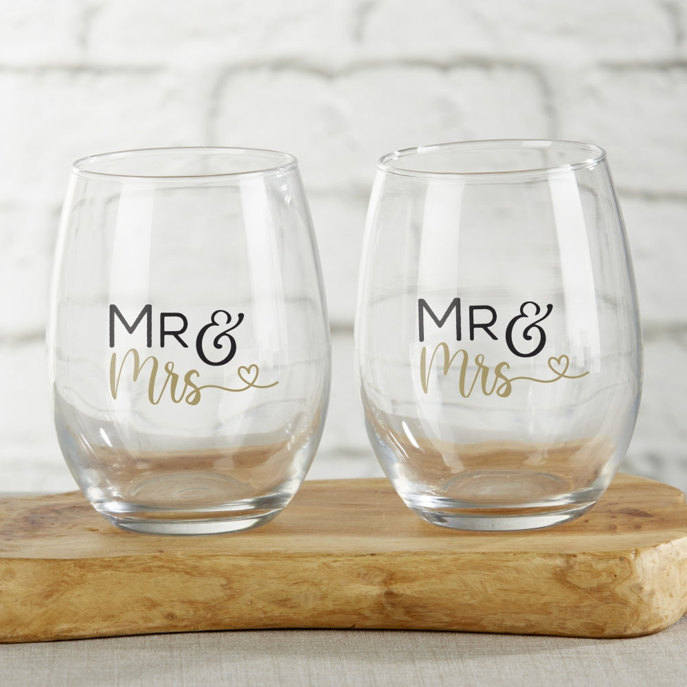 15 oz. Stemless Wine Glass - Mr. & Mrs. Heart (Set of 2)