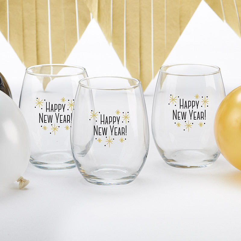 Happy New Year! 15 oz. Stemless Wine Glass (Set of 4)