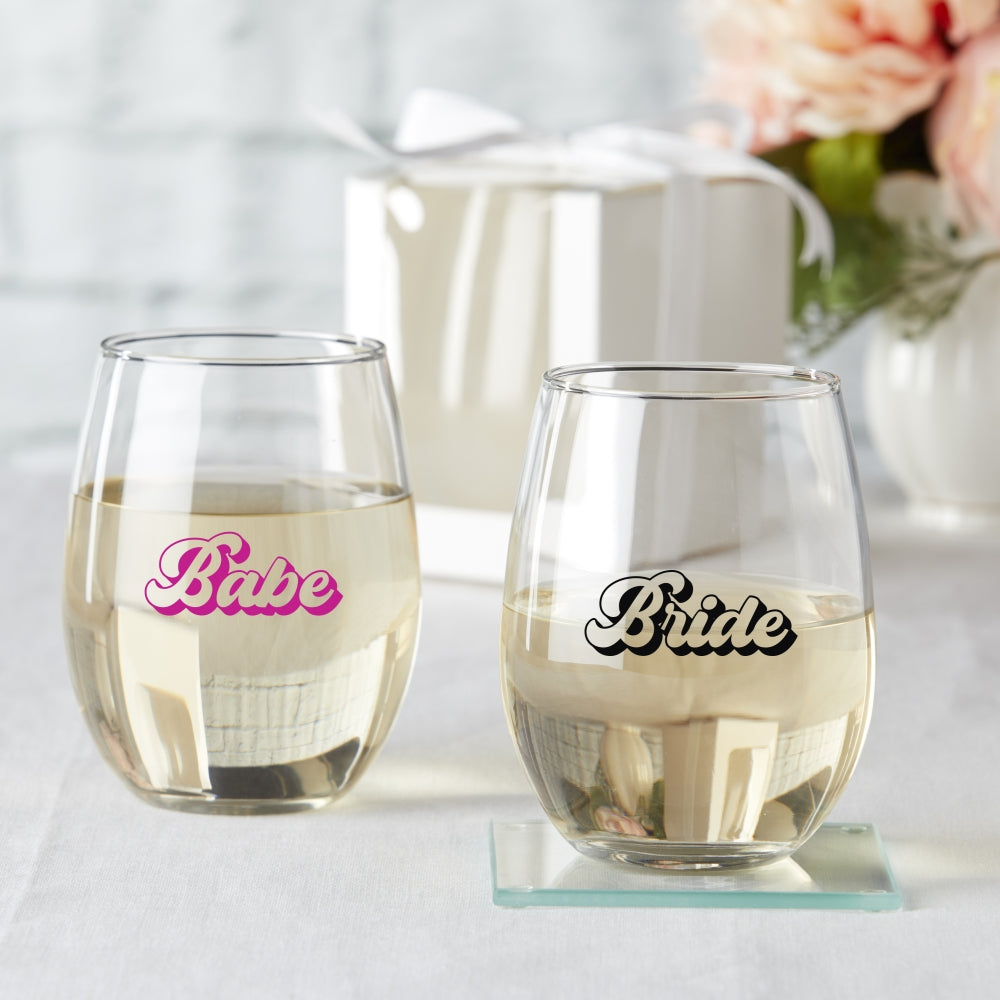 15 oz. Stemless Wine Glass - Retro Bride & Babe (Set of 4) Main Image, Kate Aspen | Glassware