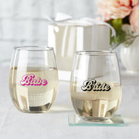 Thumbnail for 15 oz. Stemless Wine Glass - Retro Bride & Babe (Set of 4) Main Image, Kate Aspen | Glassware