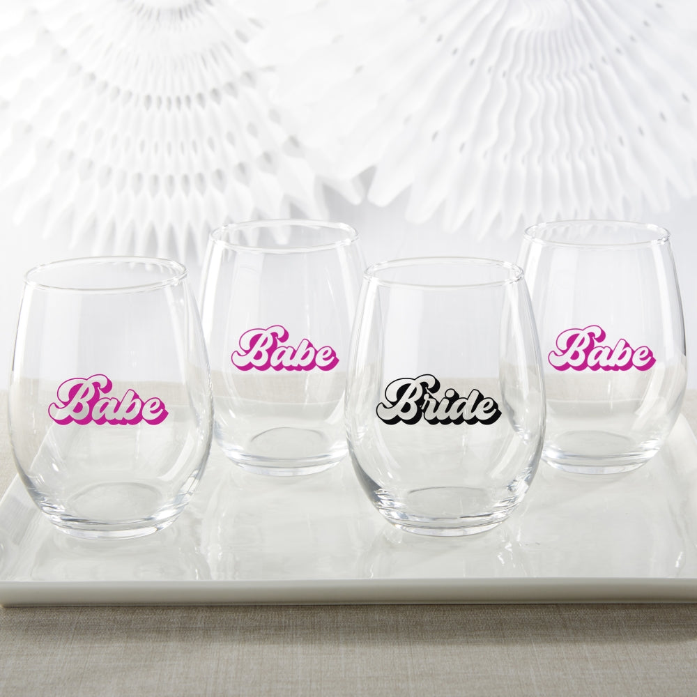 15 oz. Stemless Wine Glass - Retro Bride & Babe (Set of 4) Alternate Image 2, Kate Aspen | Glassware