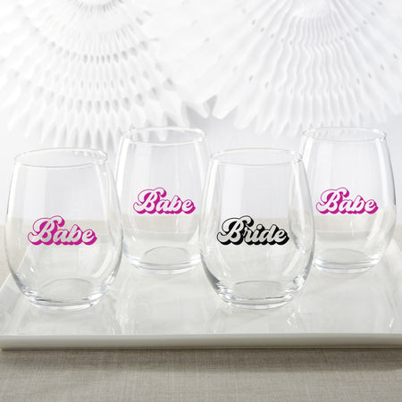 15 oz. Stemless Wine Glass - Retro Bride & Babe (Set of 4) Alternate Image 2, Kate Aspen | Glassware