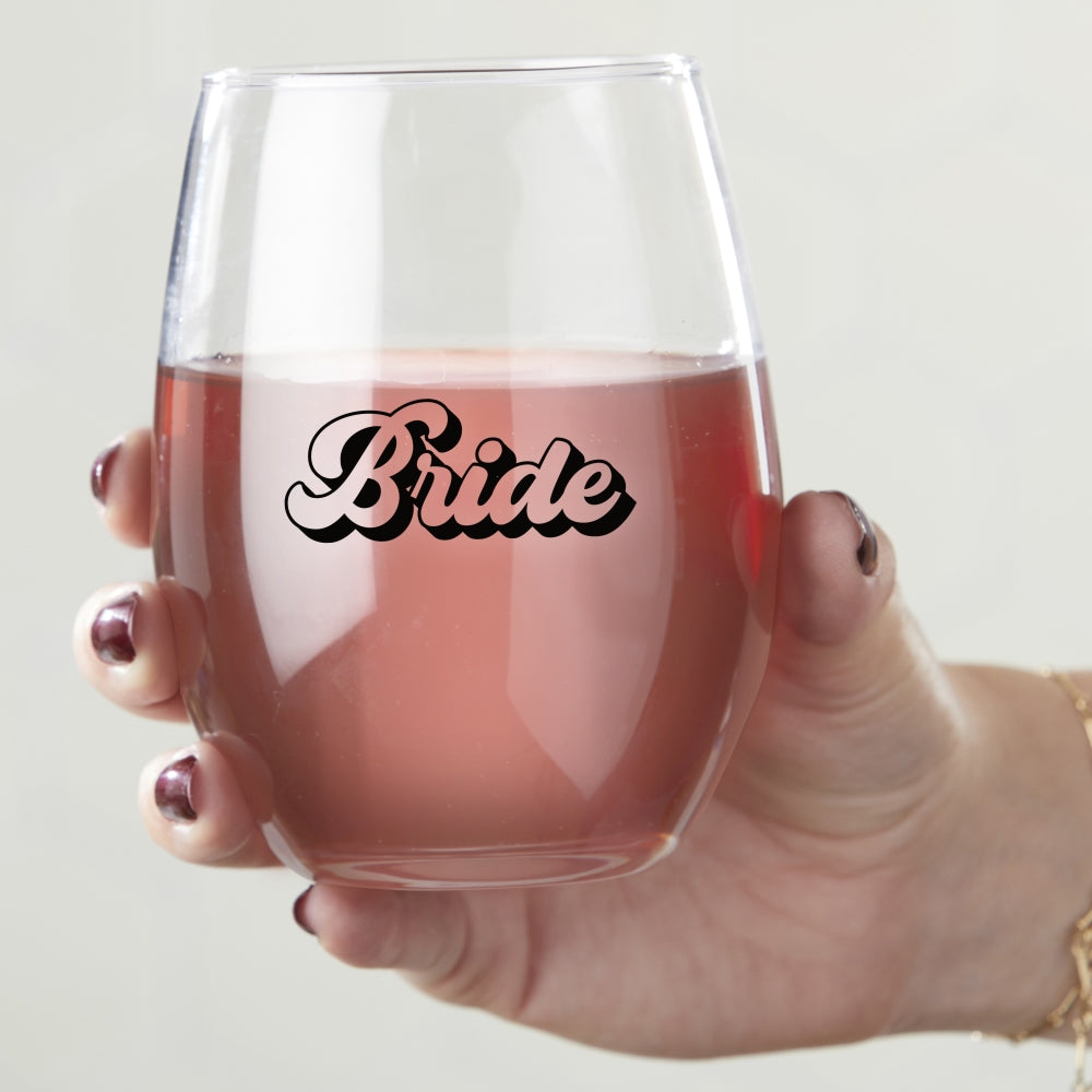 15 oz. Stemless Wine Glass - Retro Bride & Babe (Set of 4) Alternate Image 3, Kate Aspen | Glassware