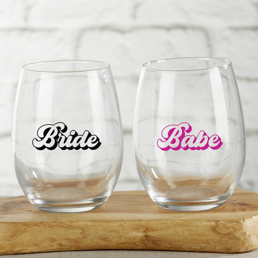 15 oz. Stemless Wine Glass - Retro Bride & Babe (Set of 4) Alternate Image 5, Kate Aspen | Glassware