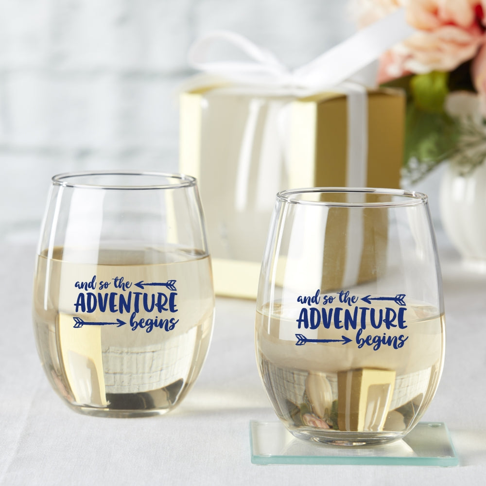 15 oz. Stemless Wine Glass - Adventure Begins (Set of 4) Main Image, Kate Aspen | Glassware