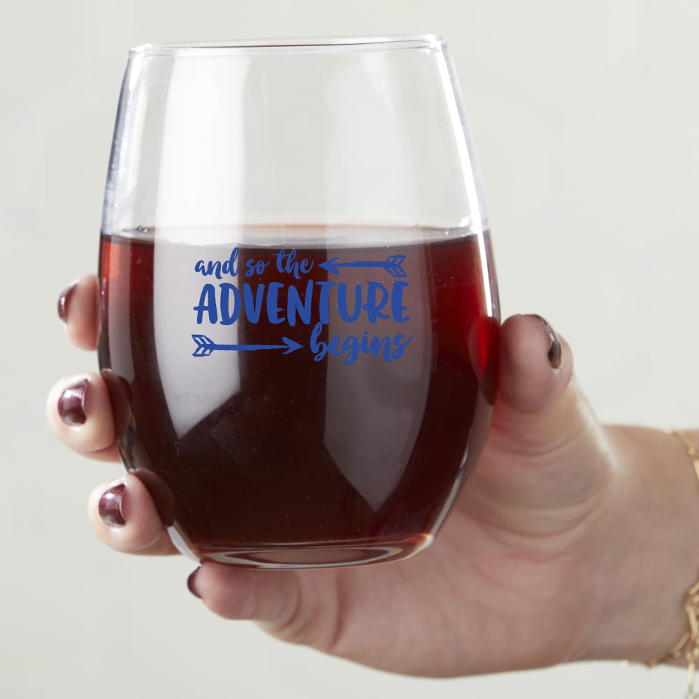 15 oz. Stemless Wine Glass - Adventure Begins (Set of 4) Alternate Image 3, Kate Aspen | Glassware