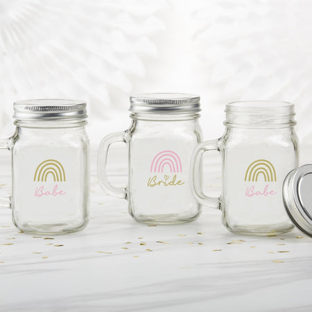 12 oz. Mason Jar Mug with Lid - Boho Rainbow Bride & Babe (Set of 6) Main Image, Kate Aspen | Glassware