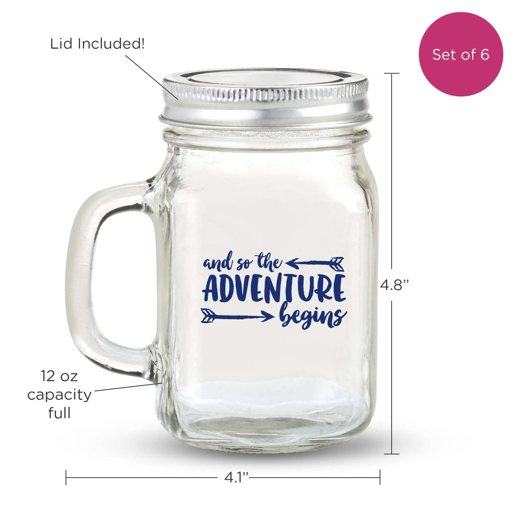 12 oz. Mason Jar Mug with Lid - Adventure Begins (Set of 6)