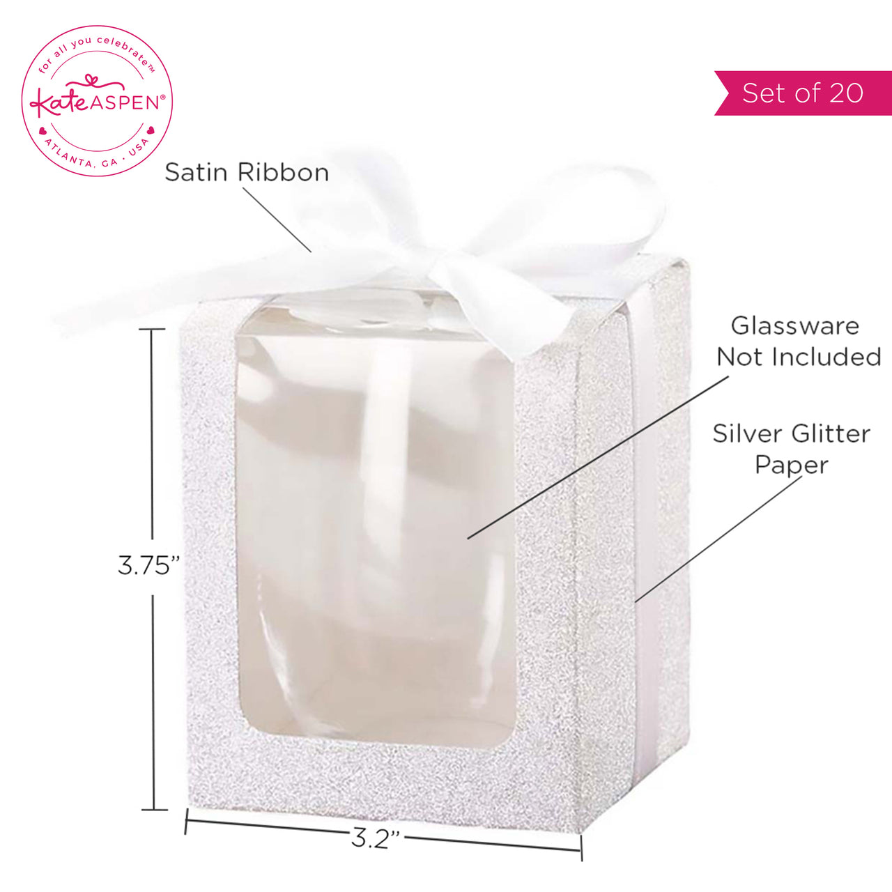 Silver 9 oz. Glassware Gift Box with Ribbon (Set of 20) Alternate Image 6, Kate Aspen | Glassware Gift Box