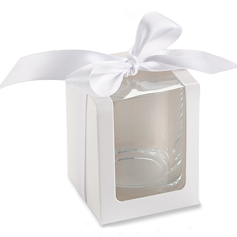 White 2 oz. Shot Glass/Votive Holder Gift Box with Ribbon (Set of 20) Main Image, Kate Aspen | Glassware Gift Box