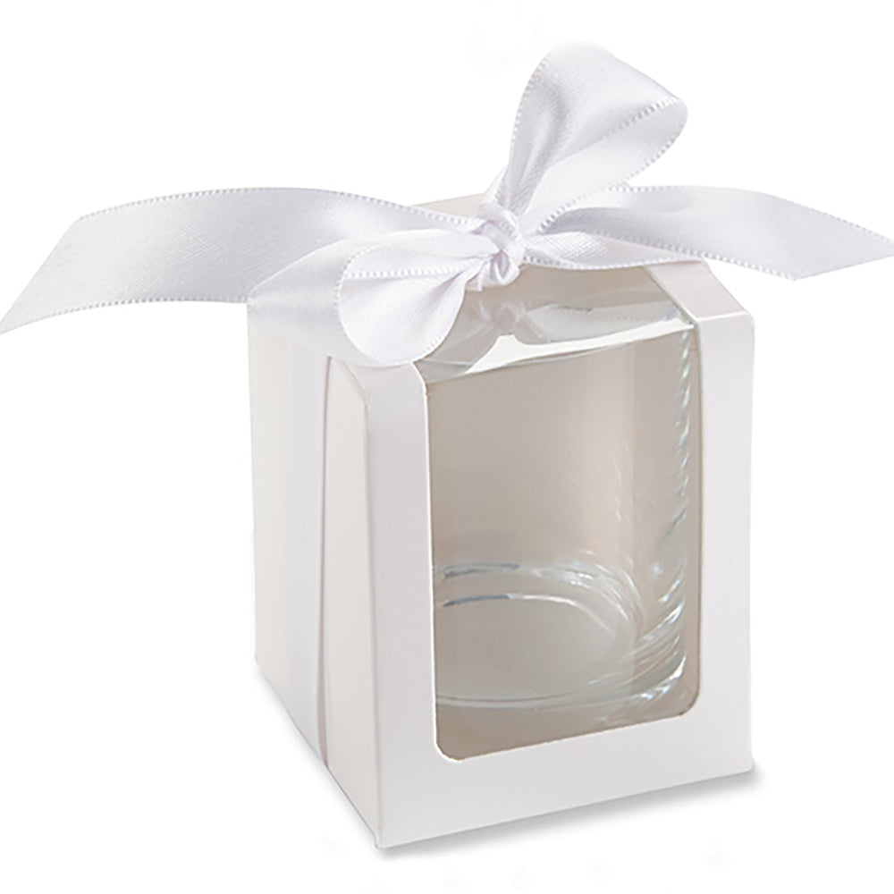 White 2 oz. Shot Glass/Votive Holder Gift Box with Ribbon (Set of 20) Main Image, Kate Aspen | Glassware Gift Box