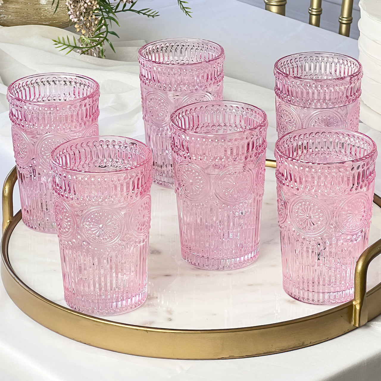 13 oz. Vintage Textured Pink Glass (Set of 6) Alternate Image 2, Kate Aspen | Drinking Glasses