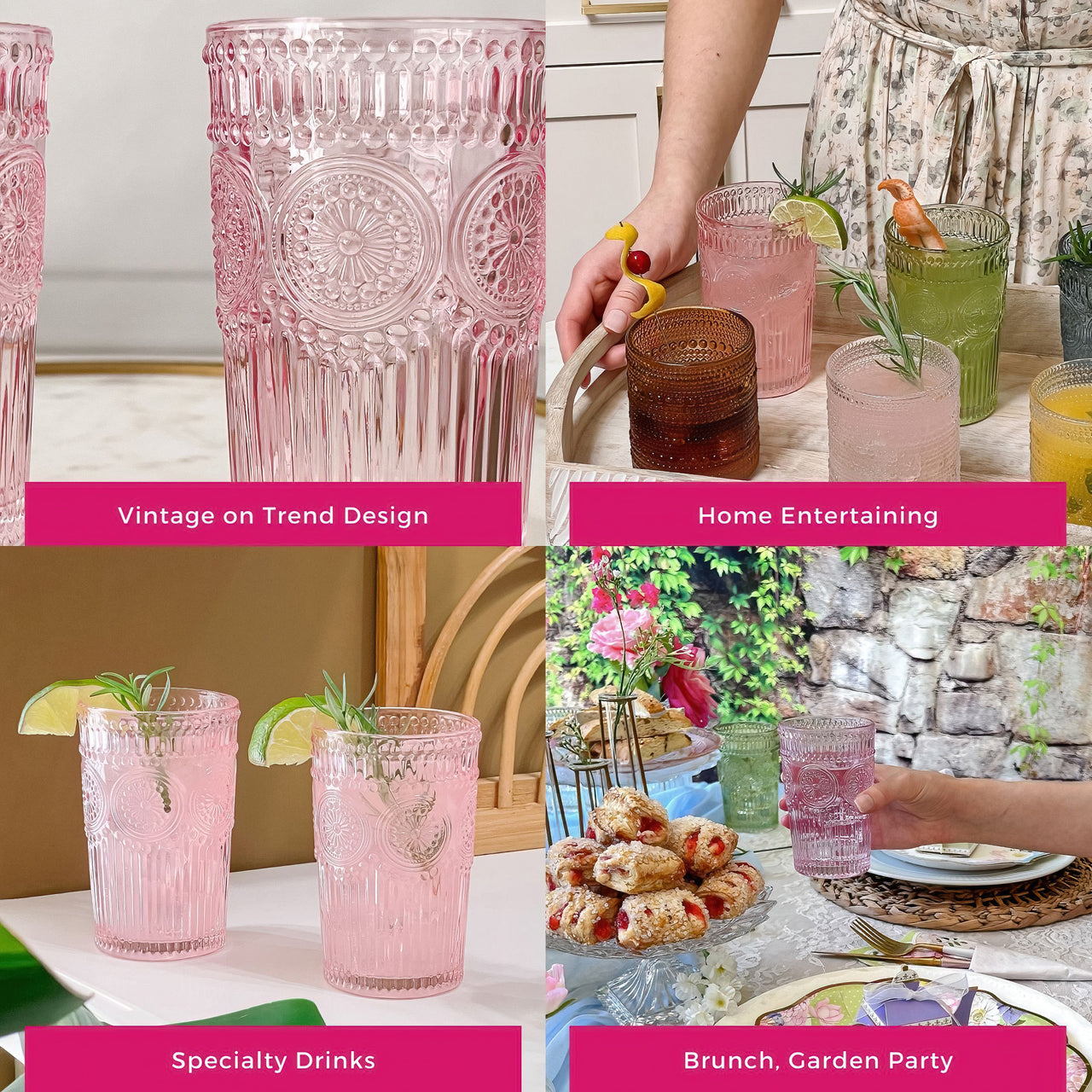 13 oz. Vintage Textured Pink Glass (Set of 6) Alternate Image 5, Kate Aspen | Drinking Glasses
