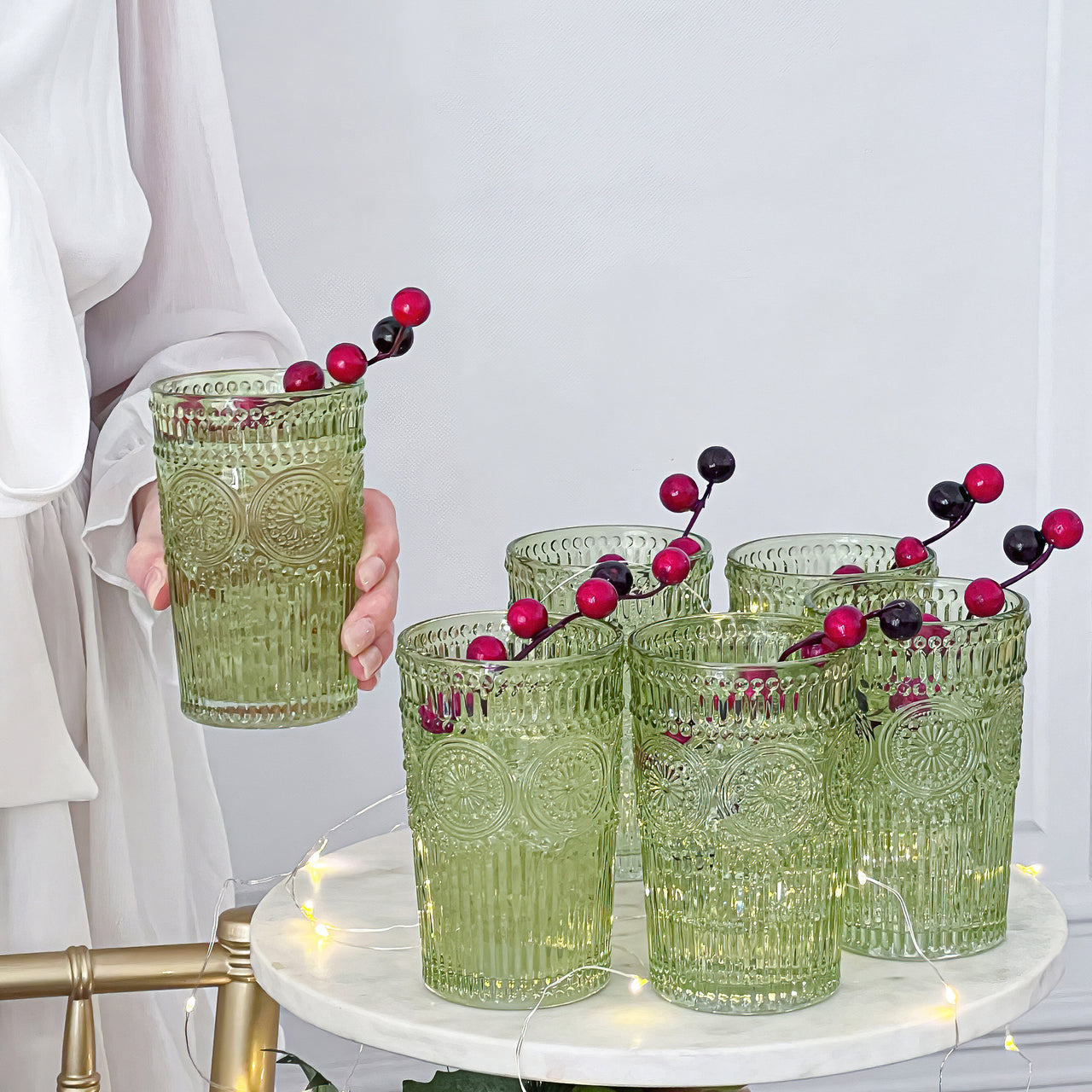 13 oz. Vintage Textured Sage Green Drinking Glasses (Set of 6)