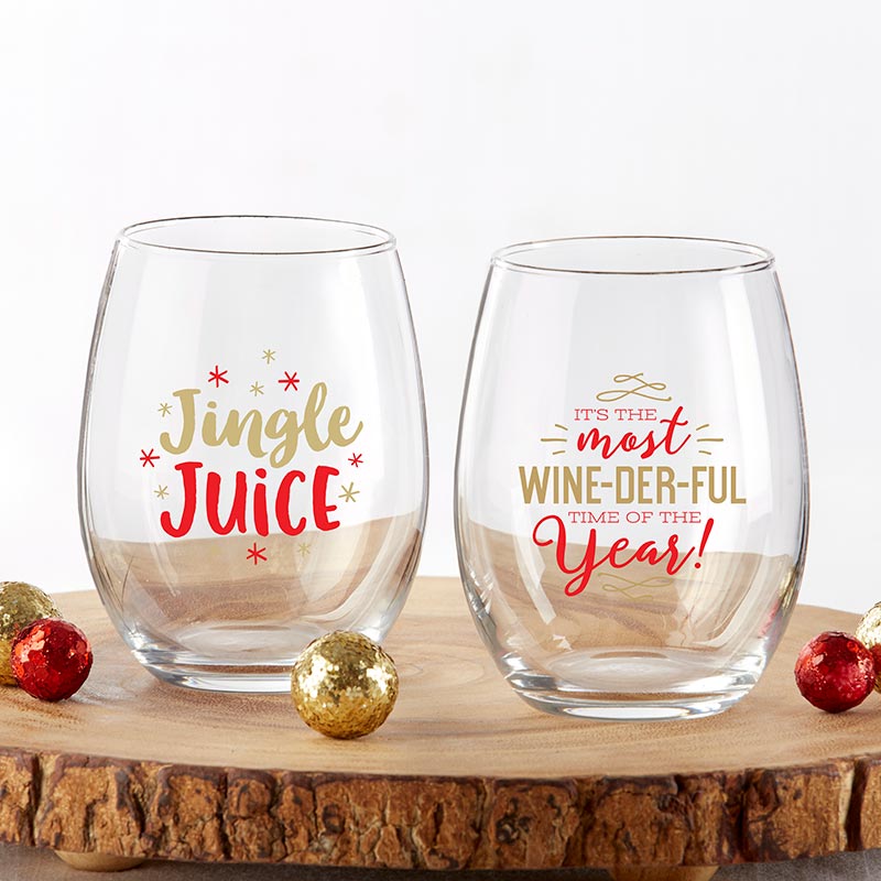 Red & Gold Christmas 15 oz. Stemless Wine Glass (Set of 2)