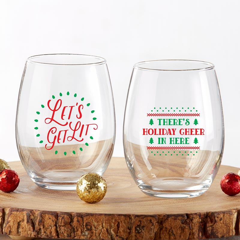 Red & Green Christmas 15 oz. Stemless Wine Glass (Set of 2)